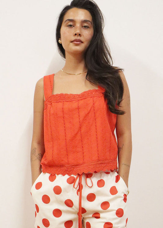 Eleanor Broderie Square Neck Top - Cherry Tomato