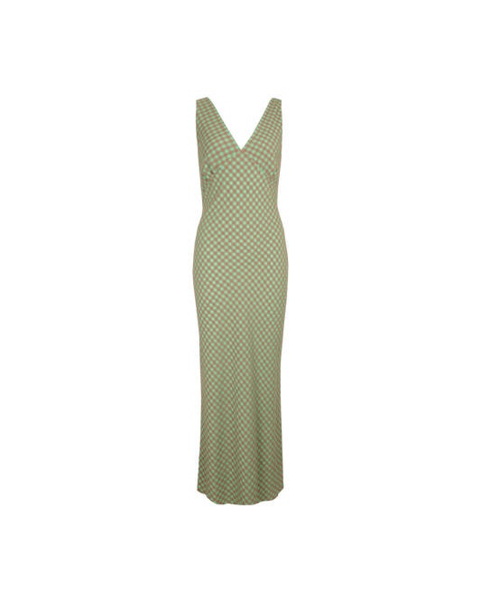 ESME GINGHAM SLIP DRESS GREEN AND BROWN GINGHAM
