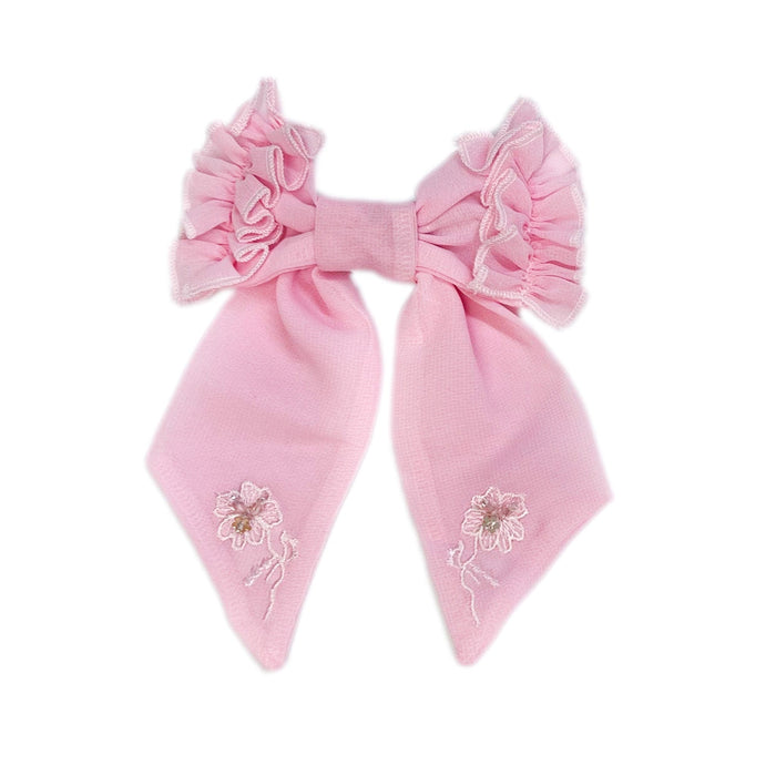 Eva Pink Ruffle Hair Bow with embroidered floral detail and soft satin finish for girls’ hairstyles
