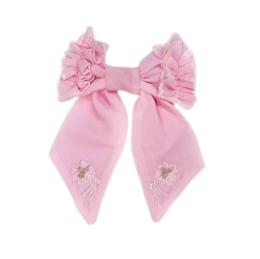 Eva Pink Ruffle Hair Bow with embroidered floral detail and soft satin finish for girls’ hairstyles