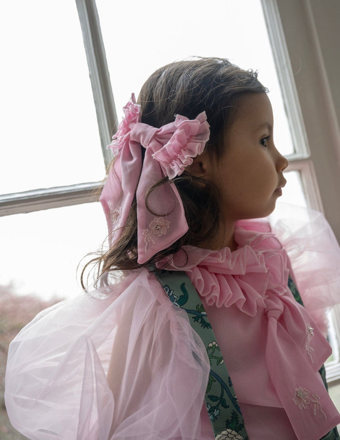 Eva Pink Ruffle Hair Bow for toddlers and girls with layered ruffles and embroidered design
