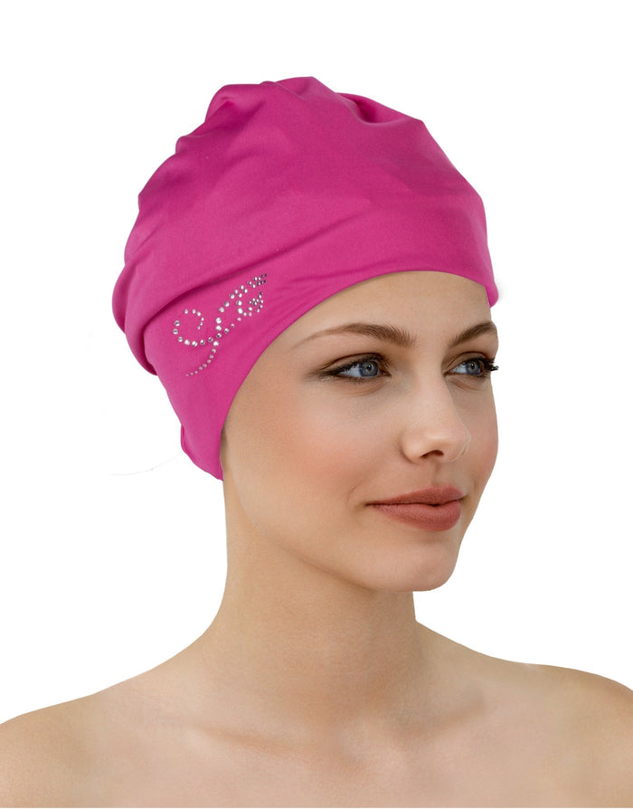 Magenta Fashy applique fabric swim cap with rhinestone design