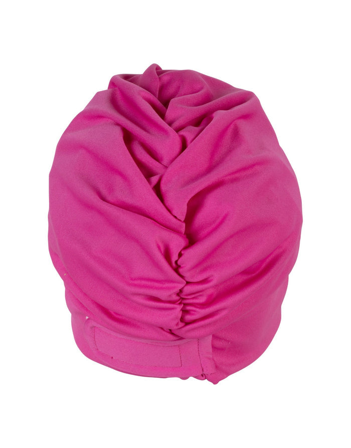 Fashy magenta satin applique fabric swim cap with gathered front
