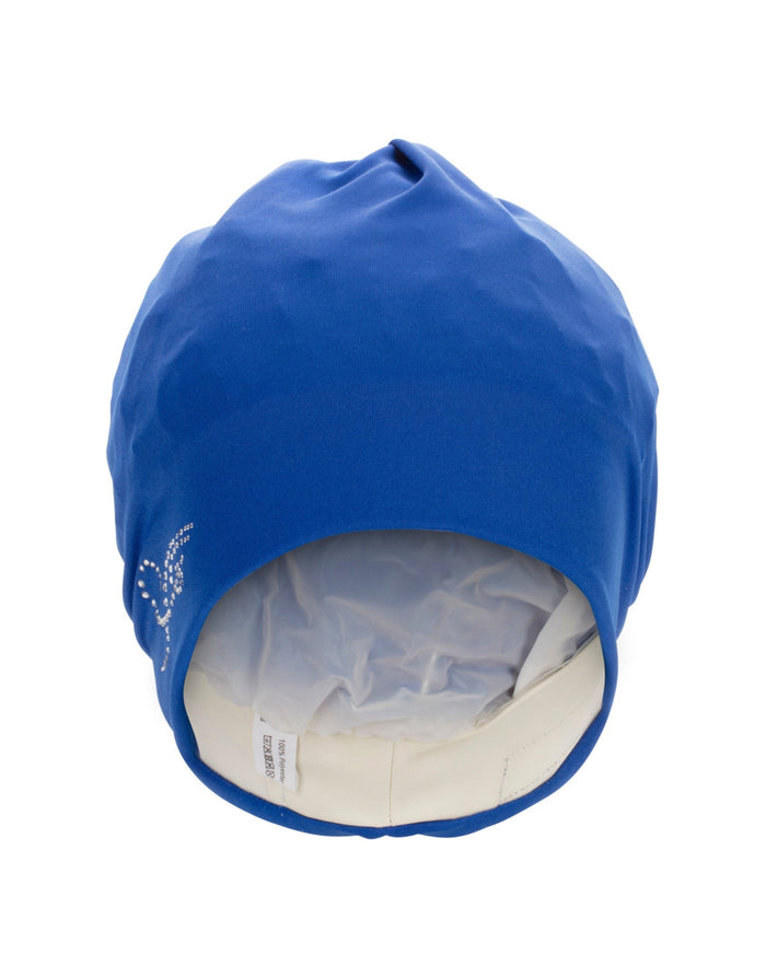 Royal blue Fashy applique fabric swim cap with white lining