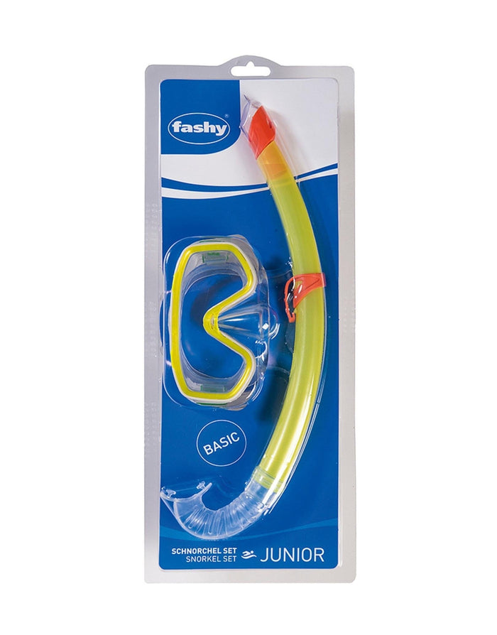 Fashy yellow children snorkel set with green accents and orange mouthpiece