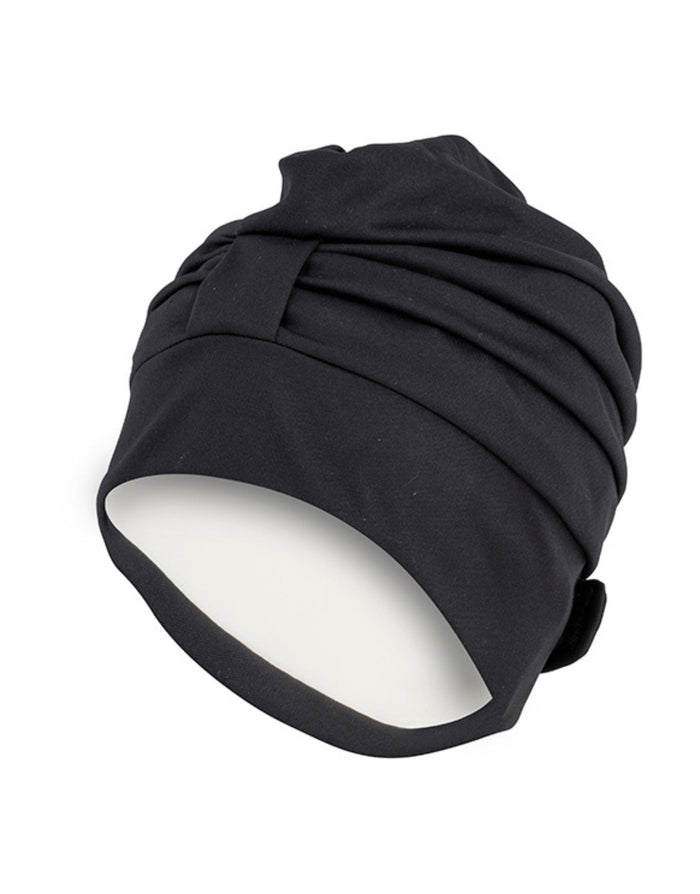Black Fashy draped fabric swim cap with pleats and strap
