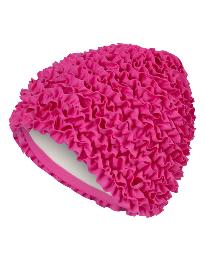 Hot pink Fashy Frill fabric swim cap with ruffled texture and strap