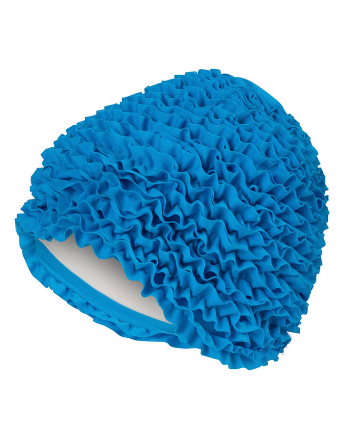 Blue Fashy Frill fabric swim cap with ruffles and strap