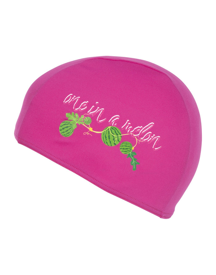 Cute pink watermelon kids printed polyester fabric swim cap with green leaves and one in a melon text