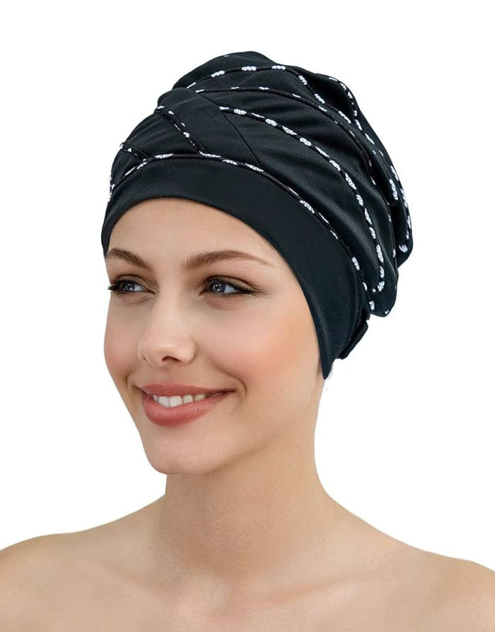 Fashy Piped Fabric Swim Cap: black with white polka dots and ribbons