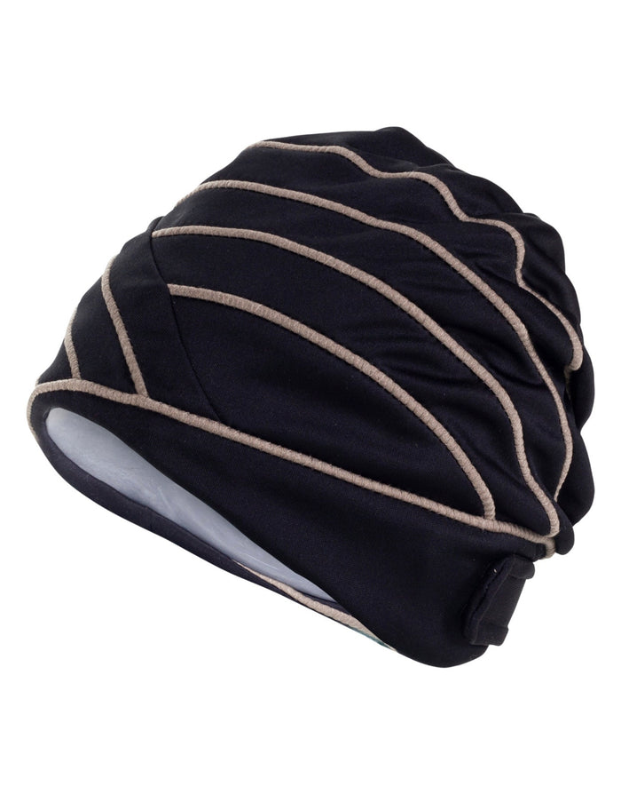 Fashy black and beige striped piped fabric swim cap