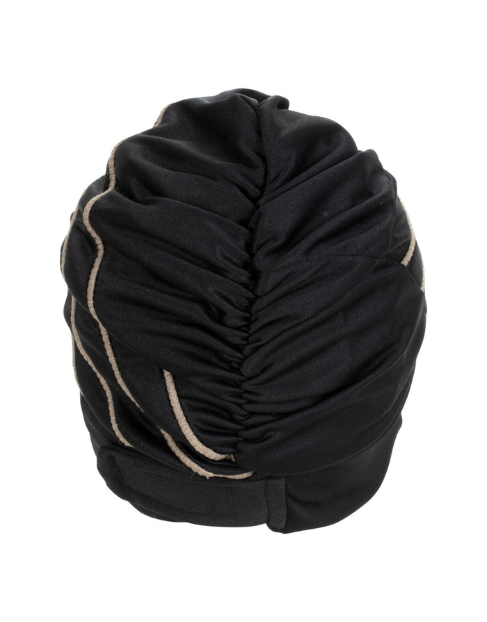 Black quilted piped fabric swim cap backpack with silver trim