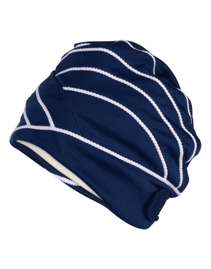 Navy blue and white striped piped fabric swim cap with fleece lining