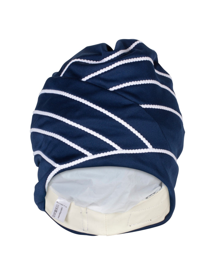 Navy blue and white striped Fashy piped fabric swim cap
