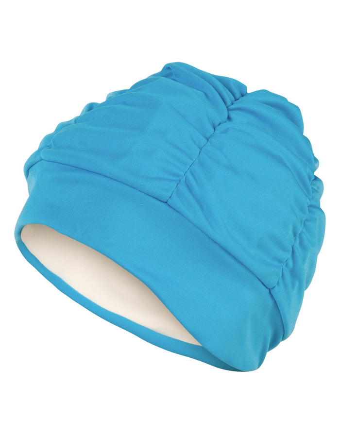 Blue Fashy pleated fabric swim cap with white lining and textured design