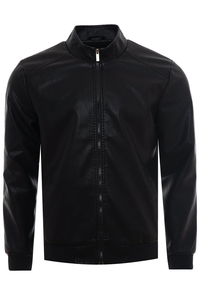 Faux Leather Jacket with Stand Collar