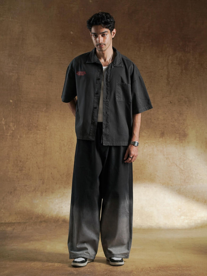 Red chest text print on washed charcoal shirting - GROOVY Pakistan