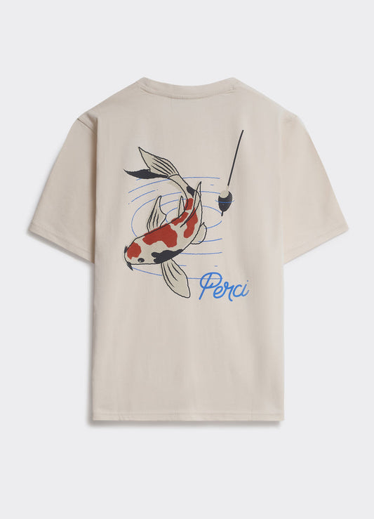 The back of the Percival Fishing T-shirt in off-white cotton jersey, featuring a large koi graphic and Perci script.