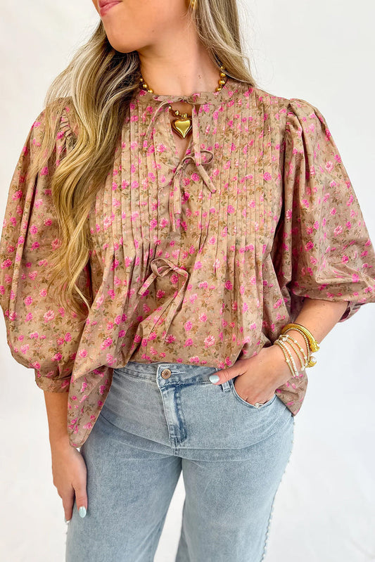 Floral Print Bow Pintuck Bust Half Puff Sleeve Blouse - Light French Beige / S / 100% Polyester - Tops/Blouses & Shirts