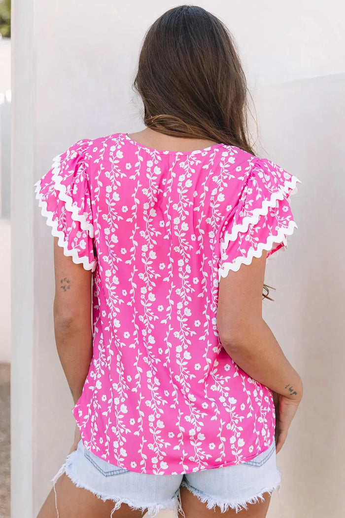 Pink Floral Print Ric-rac Tiered Ruffled V Neck Blouse - Tops/Blouses & Shirts