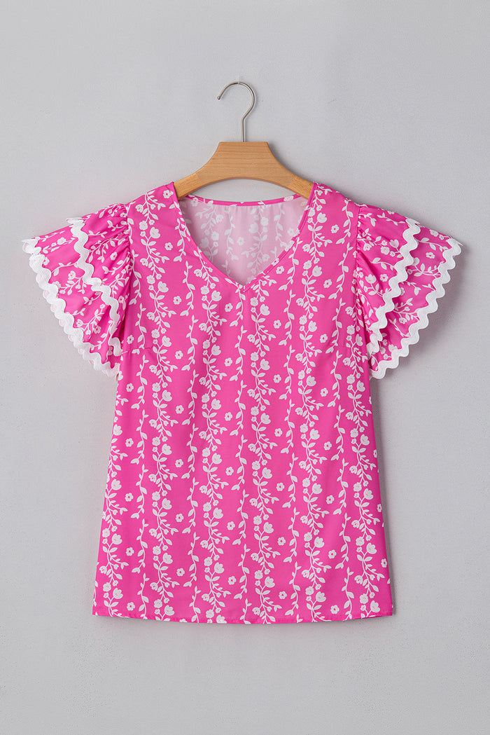 Pink Floral Print Ric-rac Tiered Ruffled V Neck Blouse - Tops/Blouses & Shirts