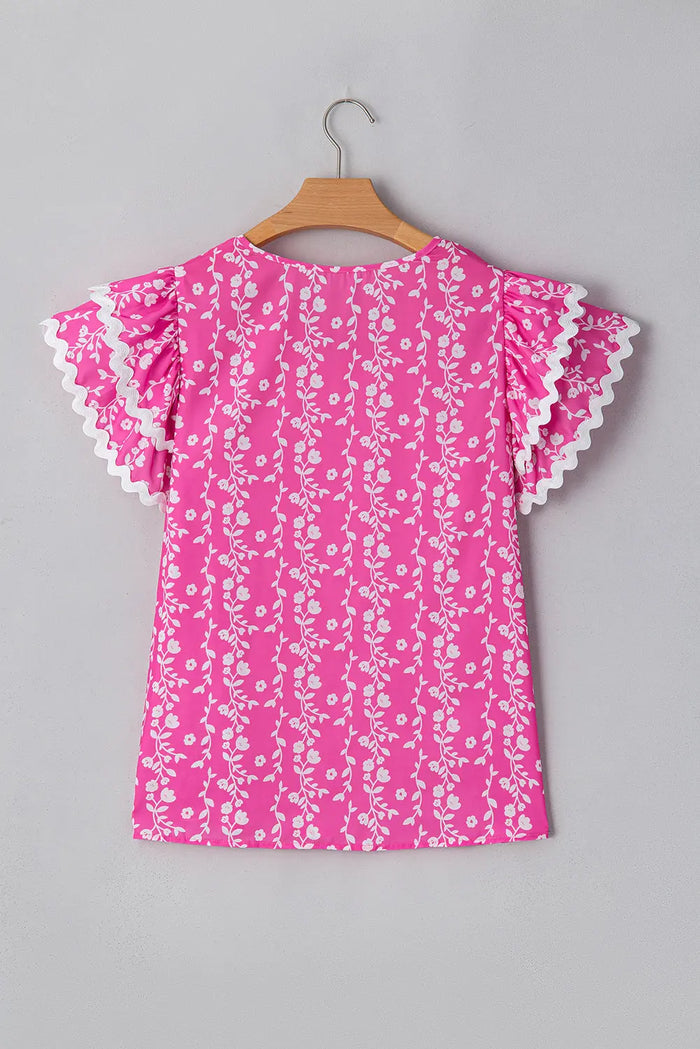 Pink Floral Print Ric-rac Tiered Ruffled V Neck Blouse - Tops/Blouses & Shirts