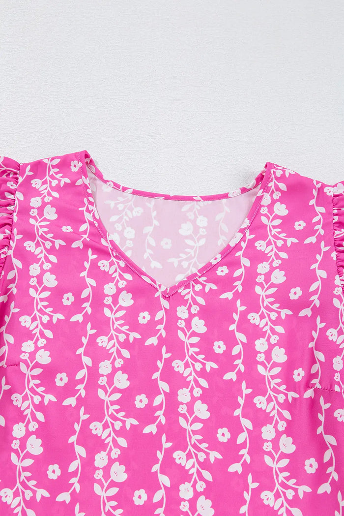 Pink Floral Print Ric-rac Tiered Ruffled V Neck Blouse - Tops/Blouses & Shirts