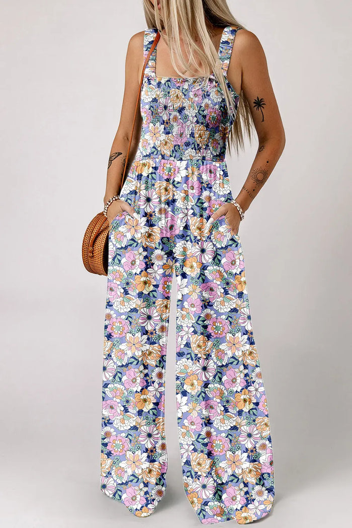 Floral Print Smocked High Waist Square Neck Jumpsuit - Bottoms/Jumpsuits & Rompers