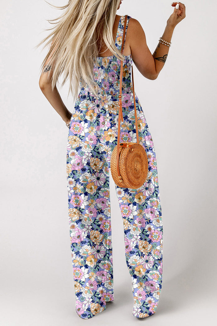 Floral Print Smocked High Waist Square Neck Jumpsuit - Bottoms/Jumpsuits & Rompers