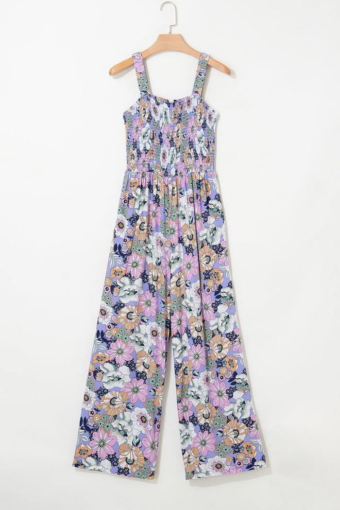Floral Print Smocked High Waist Square Neck Jumpsuit - Bottoms/Jumpsuits & Rompers