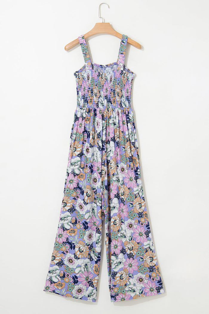 Floral Print Smocked High Waist Square Neck Jumpsuit - Bottoms/Jumpsuits & Rompers