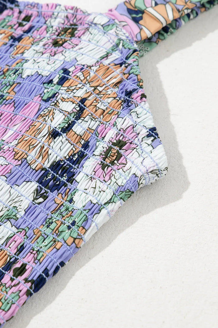 Floral Print Smocked High Waist Square Neck Jumpsuit - Bottoms/Jumpsuits & Rompers