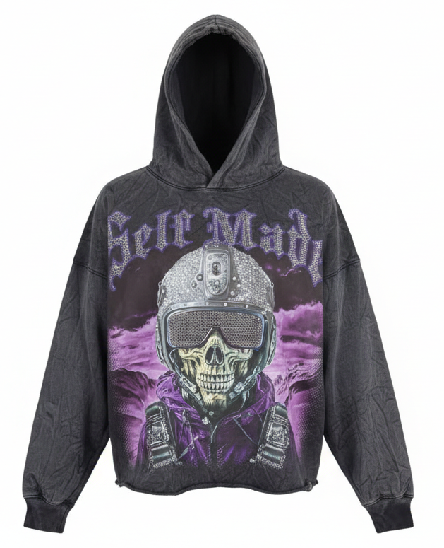 FOCUS "FELF MADE" RHINSTONE CROPPED HOODIE - 80779 - BLACK