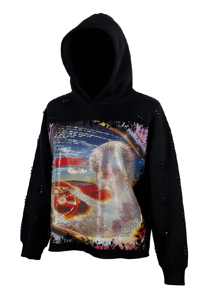 FOCUS "RECER PEARL" RHINSTONE CROPPED HOODIE - 80775 - BLACK