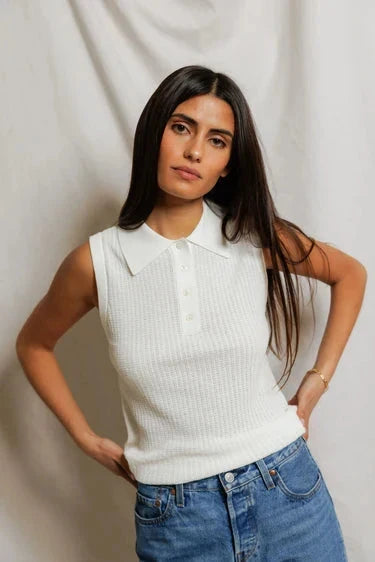 Fran Pointelle Collared Tank-Tops/Blouses-Uniquities