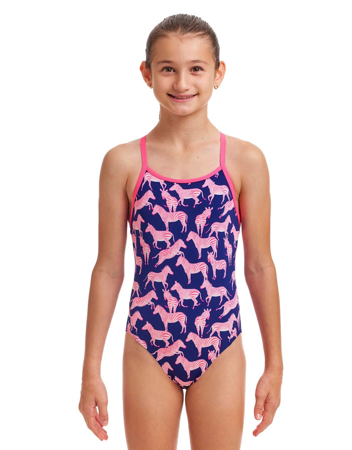 Funkita girls sweet stripes diamond back swimsuit in navy with pink horse pattern