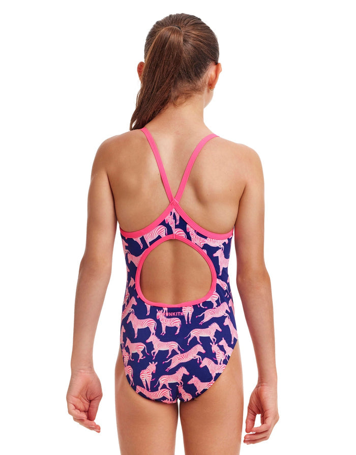 Funkita girls sweet stripes diamond back swimsuit in navy pink with dog print