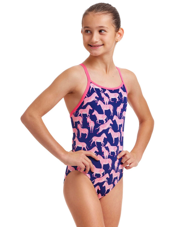 Funkita girls sweet stripes diamond back swimsuit in navy pink with alpaca print