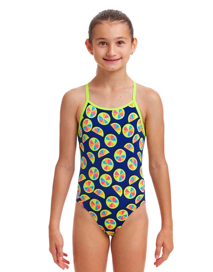 Funkita Girls You Lemon Diamond navy one-piece swimsuit with colorful wheel pattern
