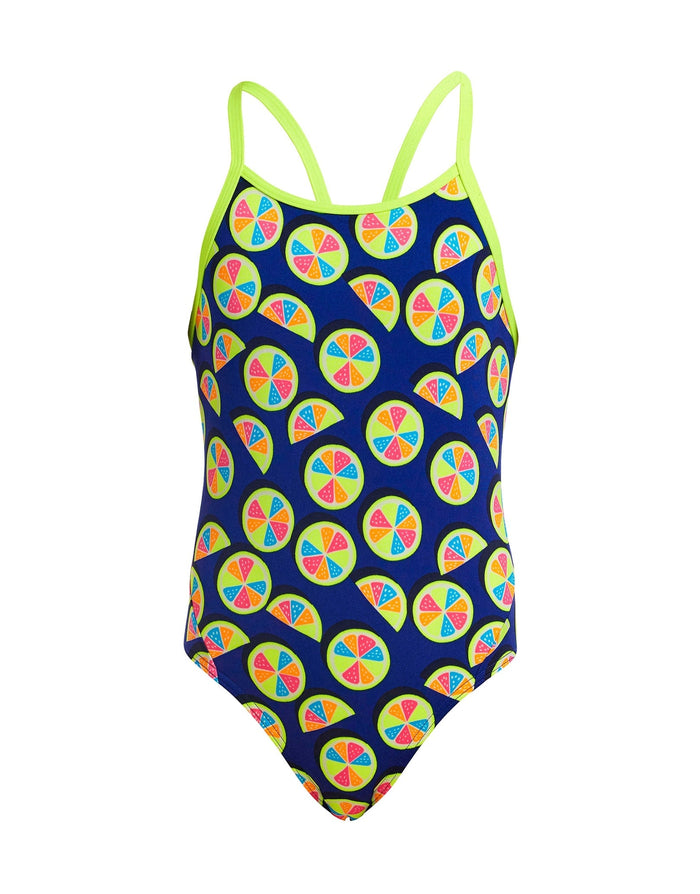 Funkita Girls You Lemon Diamond navy blue one-piece swimsuit with bind shoulder straps