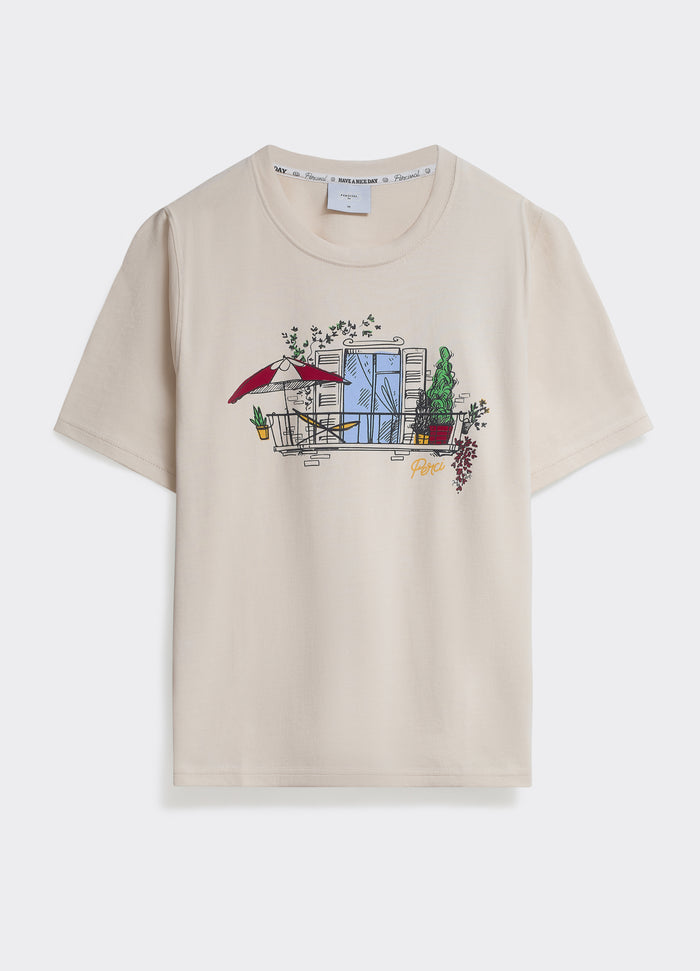 The Percival Garden T-shirt in off white, featuring a colourful balcony graphic on soft cotton jersey.
