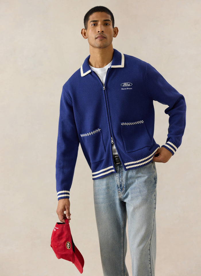 Cobalt blue cotton Ford x Percival Gardner Knitted Zip Cardigan styled with light wash straight leg heritage denim jeans.