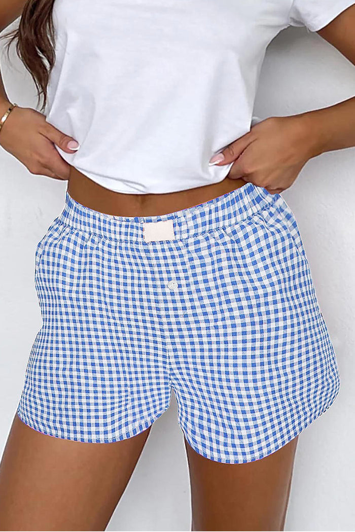 Gingham Printed High Waist Shorts - blue / S / 100% Polyester - Bottoms/Casual