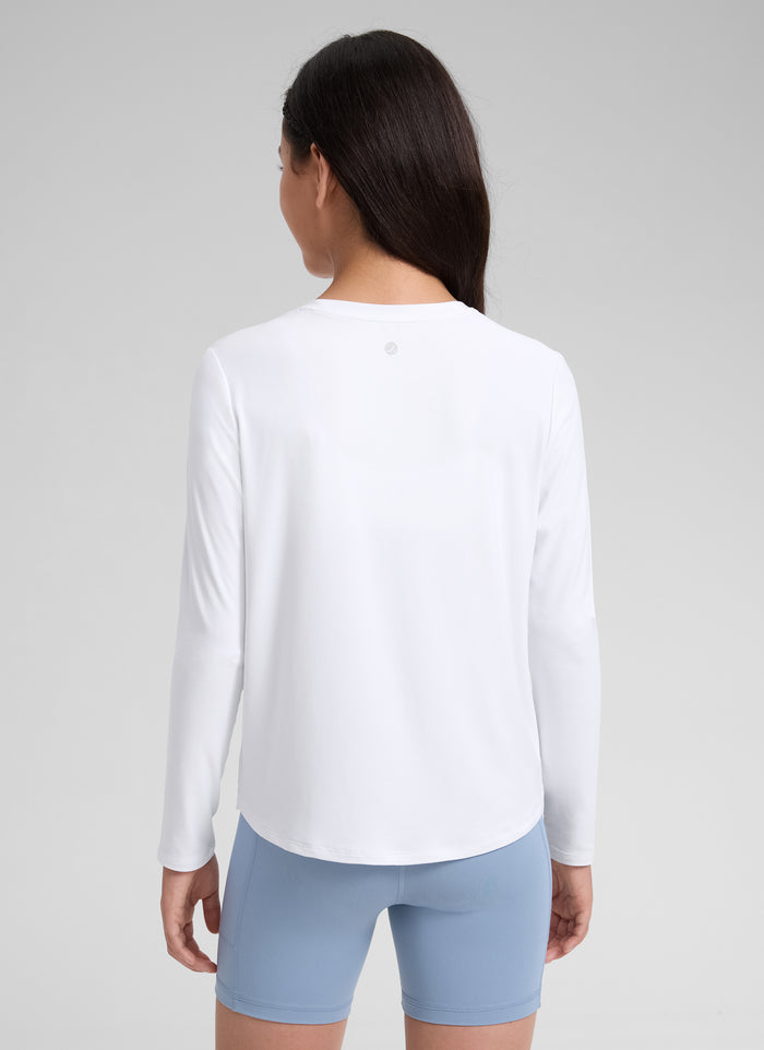 CRZ YOGA Girl's Cloudweight Casual Scoop Neck Hip Length Long Sleeves White