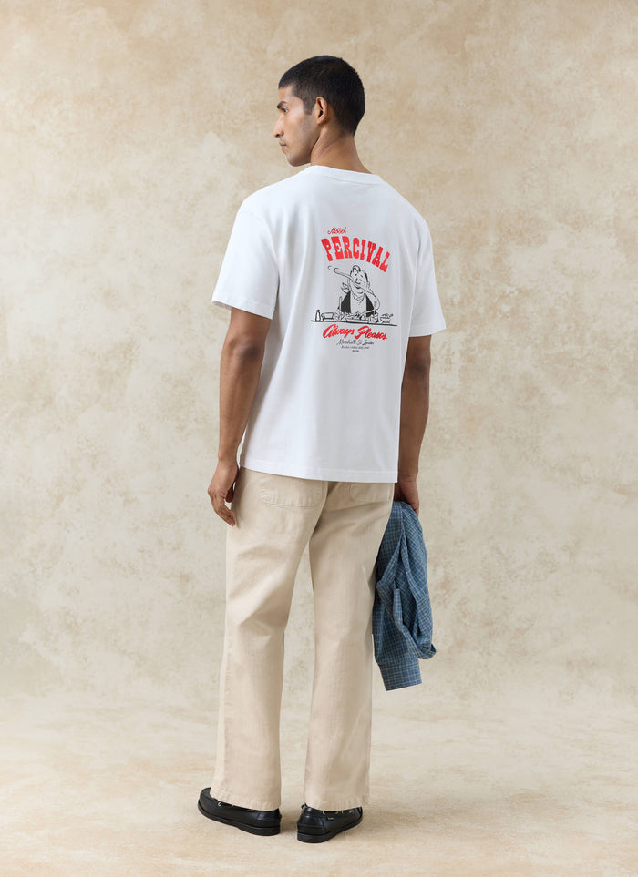 Back view of the white organic cotton Gordon Oversized T Shirt by Percival, showing the red Motel Percival back graphic.