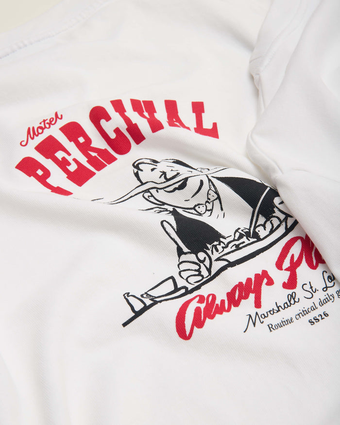 A close-up of the red and black Motel Percival chef graphic on the back of the white organic cotton Gordon T-shirt.