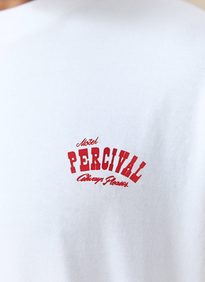 Close-up of the red Motel chest print on the white organic cotton Gordon Oversized T-shirt from Percival.