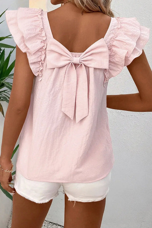Gossamer Pink Textured Bow Knot Frilled Butterfly Sleeve Blouse - S / 95% Polyester + 5% Elastane - Tops/Blouses &