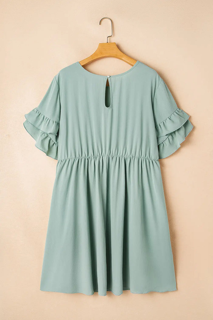 Grass Green Ruffle Trim Short Sleeve Plus Size Flared Mini Dress - Size/Plus Dresses/Plus Dresses