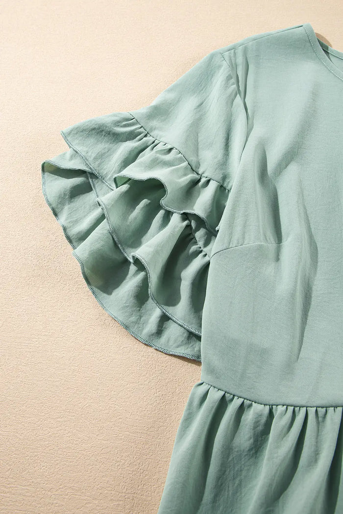 Grass Green Ruffle Trim Short Sleeve Plus Size Flared Mini Dress - Size/Plus Dresses/Plus Dresses
